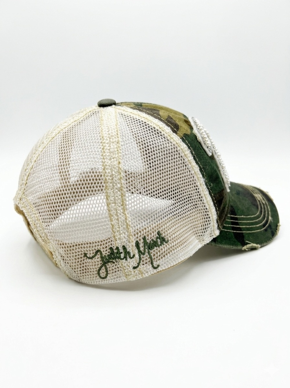 Judith March Camo Mesh Trucker Hat with Pearl "21" Patch, OS, Distressed - Picture 2 of 7
